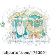 Cartoon Old Man Or Santa WIth A Kitten In A Window With Snow Outside