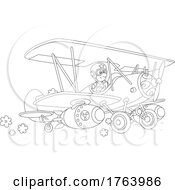 Black And White Cartoon Pilot Flying A Biplane
