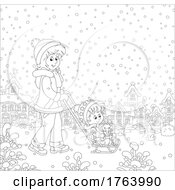 Black And White Cartoon Mom Pushing Her Child In A Walker Sled