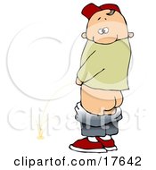 Mischievious Caucasian Boy Baring His Rear End While Urinating In Public And Looking Back At The Viewer Clipart Illustration