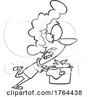 Poster, Art Print Of Cartoon Black And White Woman Running With A Kitchen Pot On Fire