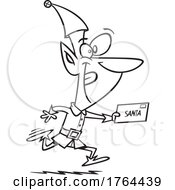 Cartoon Black And White Christmas Elf Running A Letter To Santa