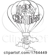 Cartoon Black And White Santa Claus Flying A Hot Air Balloon With Merry Christmas Text