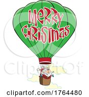 Cartoon Santa Claus Flying A Hot Air Balloon With Merry Christmas Text