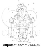 Black And White Cartoon Chubby Guy Skiing In A Holiday Sweater