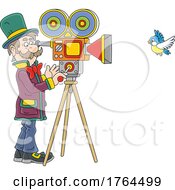 Cartoon Man Filming A Bird In Flight