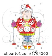 Poster, Art Print Of Cartoon Chubby Guy Skiing In A Holiday Sweater