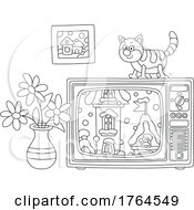 Black And White Cartoon Cat On A Television With A Winter Scene On The Screen