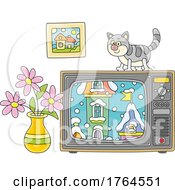 Cartoon Cat On A Television With A Winter Scene On The Screen by Alex Bannykh