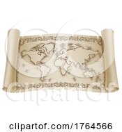 Poster, Art Print Of World Map Drawing Old Woodcut Engraved Scroll