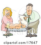 Clipart Illustration Of A Grossed Out Father Changing A Baby Diaper While His Wife Laughs by djart