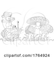 Poster, Art Print Of Black And White Elf Or Gnome Riding A Snail By Mushrooms