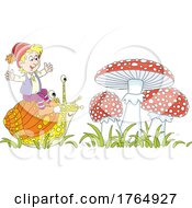 Elf Or Gnome Riding A Snail By Mushrooms
