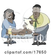 Clipart Illustration Of A Disgusted Man Changing A Baby Diaper While The Wife And Mother Grins by djart