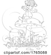 Black And White Cartoon Gnome Sitting On A Mushroom