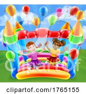 Poster, Art Print Of Cartoon Happy Girls Jumping On A Bouncy House Castle In A Park