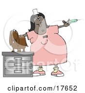 Clipart Illustration Of A Nervous Wiener Dog On A Table Looking At A Veterinary Technician Holding A Vaccine Syringe