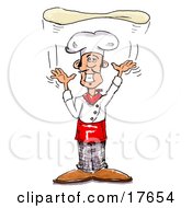Clipart Illustration Of A Proud Male Chef Hand Tossing Pizza Dough Up Into The Air While Cooking In A Pizzeria