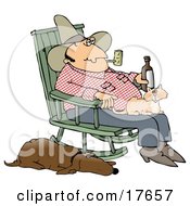 Clipart Illustration Of A Man Smoking A Pipe And Drinking A Beer While Sitting In A Rocking Chair With A Cat In His Lap And His Hound Dog At His Side