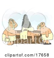 Clipart Illustration Of A Group Of Hot Men Wrapped In Towels Sweating In A Sauna
