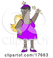 African American Fairy Godmother Holding A Magic Wand And Wearing Gold Wings And A Purple Dress