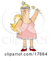 Clipart Illustration Of A White Fairy Godmother Holding A Magic Wand And Wearing Gold Wings And A Pink Dress