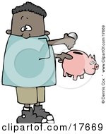 Poster, Art Print Of African American Boy Inserting Change Into A Pink Piggy Bank To Save For Something