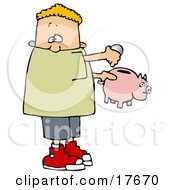 Poster, Art Print Of White Boy Inserting Change Into A Pink Piggy Bank To Save For Something