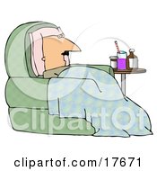 Clipart Illustration Of An Ill Bald Middle Aged Caucasian Man Resting His Head Against A Pillow And Lying Under A Blanket In A Green Chair With Medicine On A Table Beside Him
