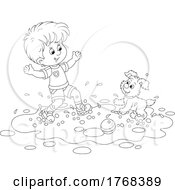 Poster, Art Print Of Black And White Boy And Puppy Playing In A Puddle