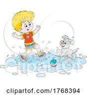 Poster, Art Print Of Boy And Puppy Playing In A Puddle