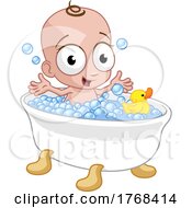 Cute Cartoon Baby In Bath Tub With Rubber Ducky