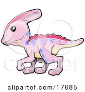 Clipart Illustration Of A Cute Pink Dinosaur With Purple Markings And A Yellow Belly by AtStockIllustration