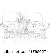Black And White Cartoon Children Watching A Tarsier At A Zoo