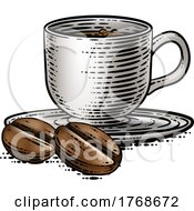 Coffee Beans And Cup Vintage Woodcut Illustration