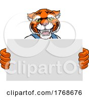 Tiger Cartoon Mascot Handyman Holding Sign by AtStockIllustration