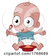 Cute Cartoon Baby Eating Food With Spoon And Bowl