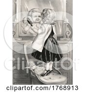 Poster, Art Print Of Girl Standing On A Chair And Looking In A Mirror