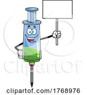 Cartoon Vaccine Syringe Mascot Holding A Sign
