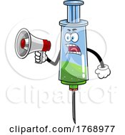 Cartoon Vaccine Syringe Mascot Shouting Through A Megaphone