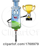 Cartoon Vaccine Syringe Mascot Holding A Trophy