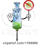 Cartoon Vaccine Syringe Mascot Holding A No Virus Sign