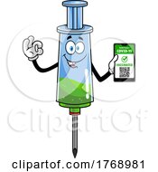 Cartoon Vaccine Syringe Mascot Holding A Passport