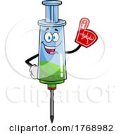 Poster, Art Print Of Cartoon Vaccine Syringe Mascot Fan Wearing A Foam Finger