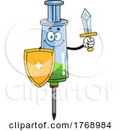 Cartoon Vaccine Syringe Mascot Holding A Shield And Sword