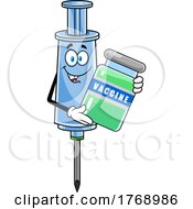 Cartoon Vaccine Syringe Mascot Holding A Vial
