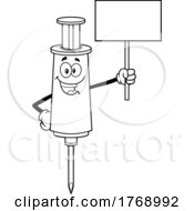 Poster, Art Print Of Cartoon Black And White Vaccine Syringe Mascot Holding A Sign