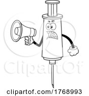 Poster, Art Print Of Cartoon Black And White Vaccine Syringe Mascot Shouting Through A Megaphone