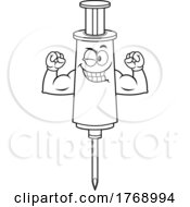 Cartoon Black And White Vaccine Syringe Mascot Flexing