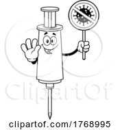 Cartoon Black And White Vaccine Syringe Mascot Holding A No Virus Sign